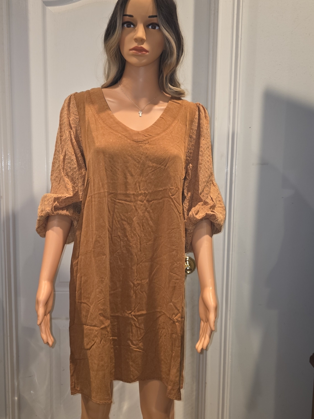 eesome Tan Puff-Sleeve V-Neck Mini Dress